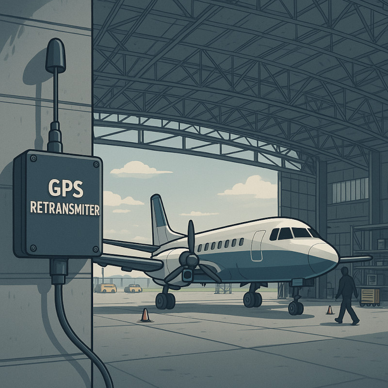 Hangar lotniczy z retransmiterem GPS